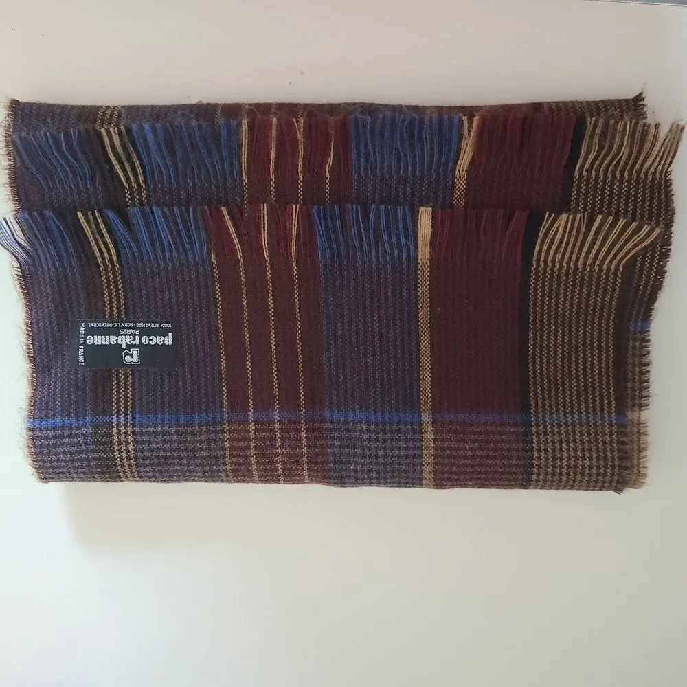 PACO RABANNE scarf FRANCE Plaid brown/ blue/ tan Acrylic unisex  54